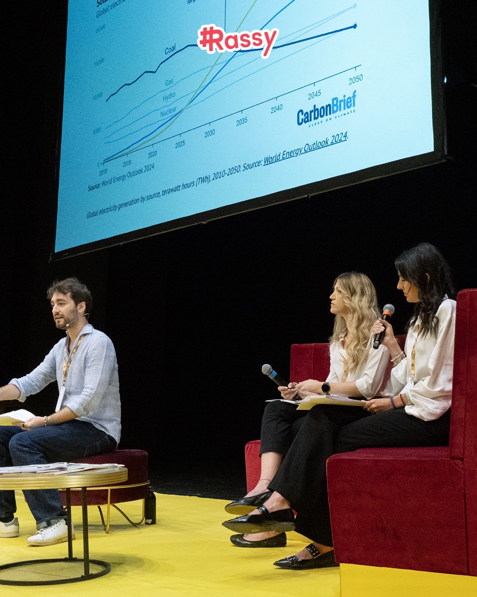 Il palco del Teatro degli Impavidi con il grafico sulla generazione solare proiettato